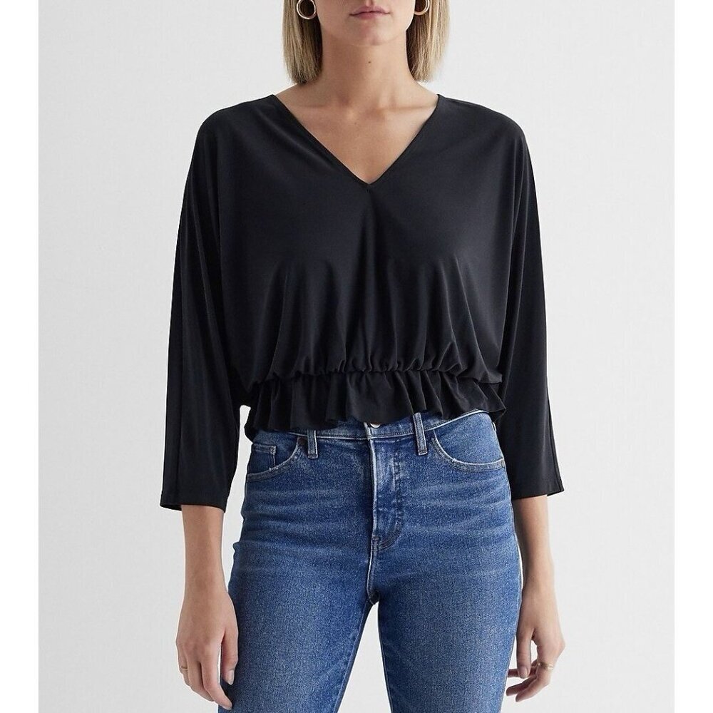 Express Women's Skimming Ruched Peplum Top Size XS Black V-Neck 3/4 Sleeve NWT